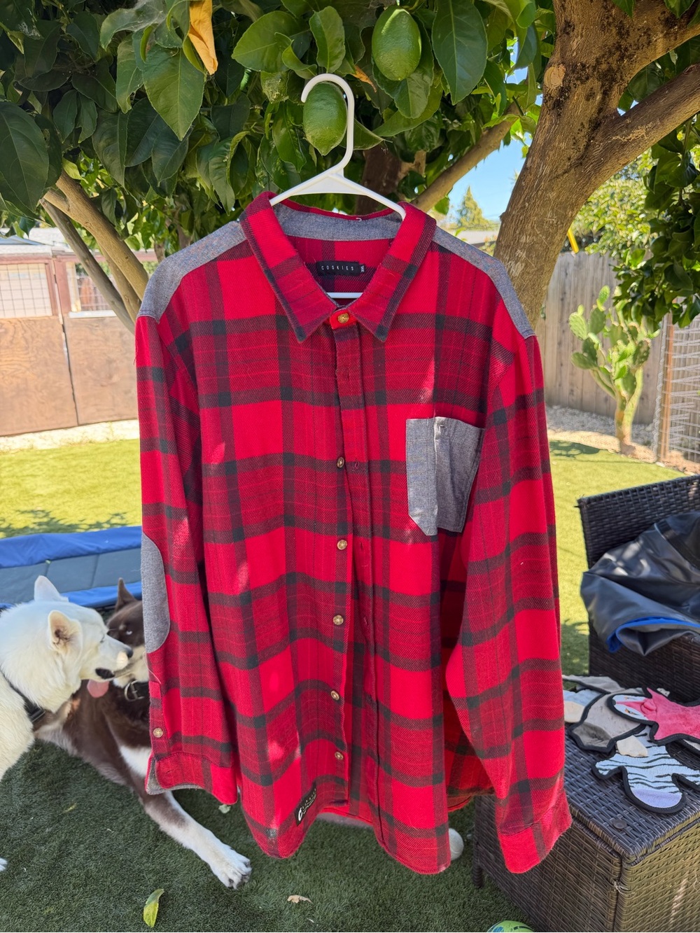 Cookies Red Plaid Button-Down Shirt with Gray Contrast Panels